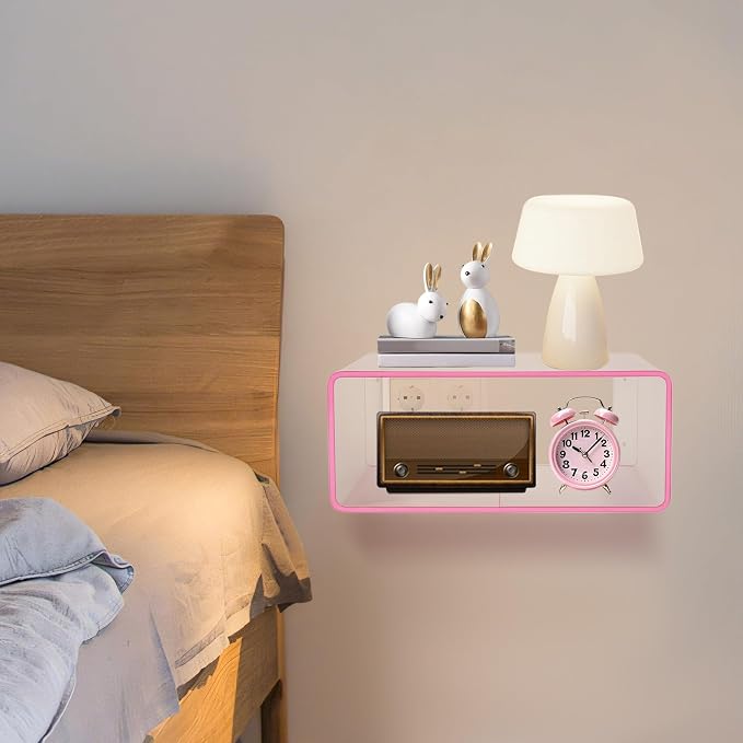 Acrylic Wall-Mounted Nightstand Floating Wall Nightstand Bedside Table Floating Side Table Wall Mounted Clear Shelf for Bedroom Bathroom (Pink) - Image 2