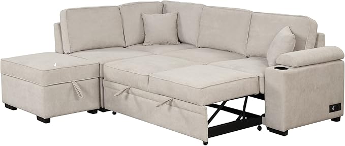 Ball & Cast 84" Convertible Sectional Sofa Bed,L-Shaped Sleeper Couch w/Storage Ottoman,Cup Holder and Charging Stations,Put Out Sofas w/Chaise,for Living Room and Small Apartment,Beige