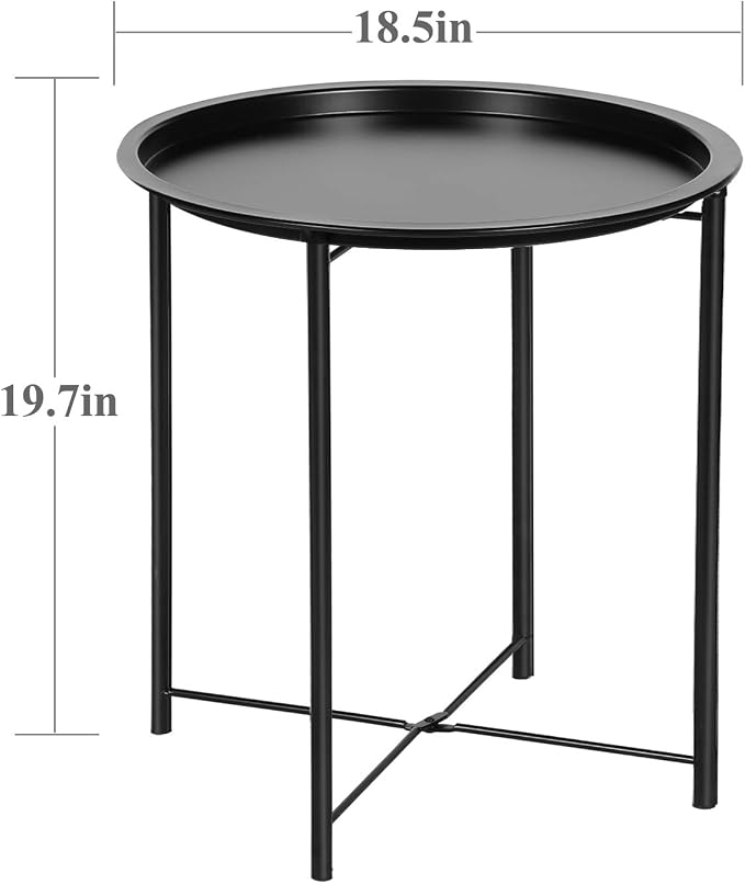 VECELO Side/End Table, Folding Round Metal Anti-Rust and Waterproof Outdoor or Indoor Tray for Living Room Bedroom Balcony and Office, 1 PCS, Black - Image 3