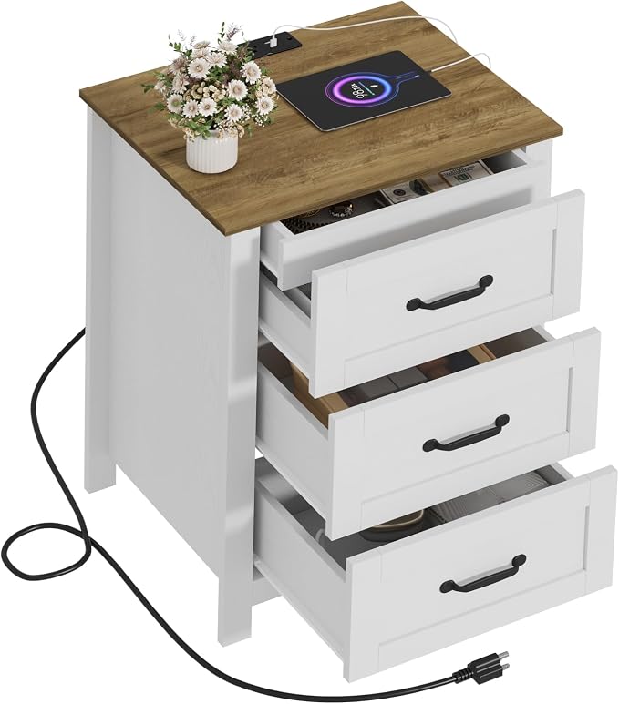 Farmhouse Nightstand with Charging Station and Hidden Drawer, 26" H Bedside Table with 4 Drawers, Night Stand for Bedroom, Home Office, White by Draelibor