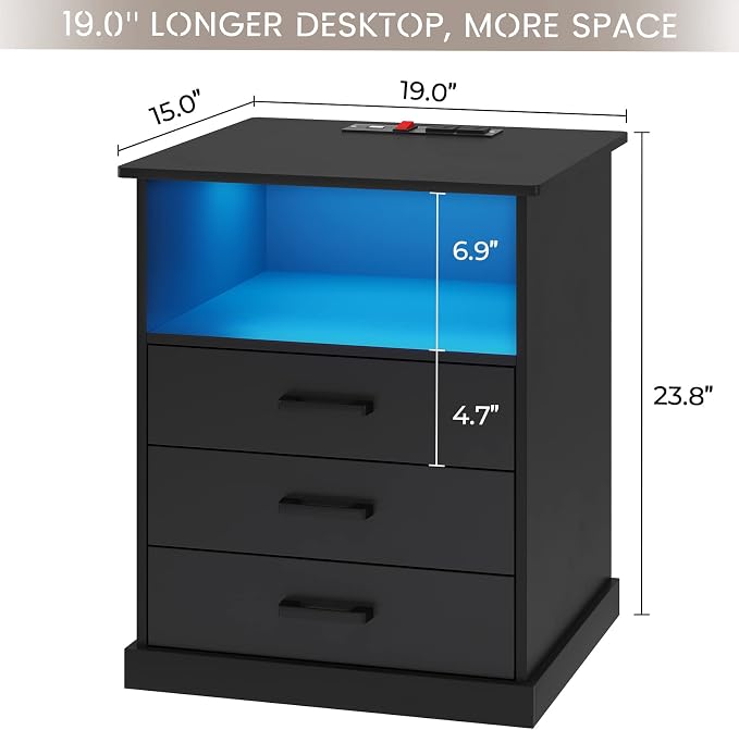 Hasuit Nightstands Set of 2 with Charging Station and LED Lights, Large Bedside Table with 3 Storage Drawer, Black Night Stand for Bedroom, Wider Tabletop 19.0''(L) x 15.0''(W) - Image 3