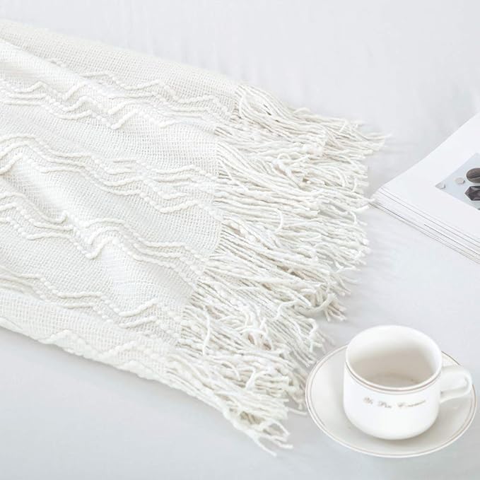 BOURINA Off White Throw Blanket 60x80 Inches Throw Textured Solid Soft Sofa Throw Couch Knitted Decorative Blanket