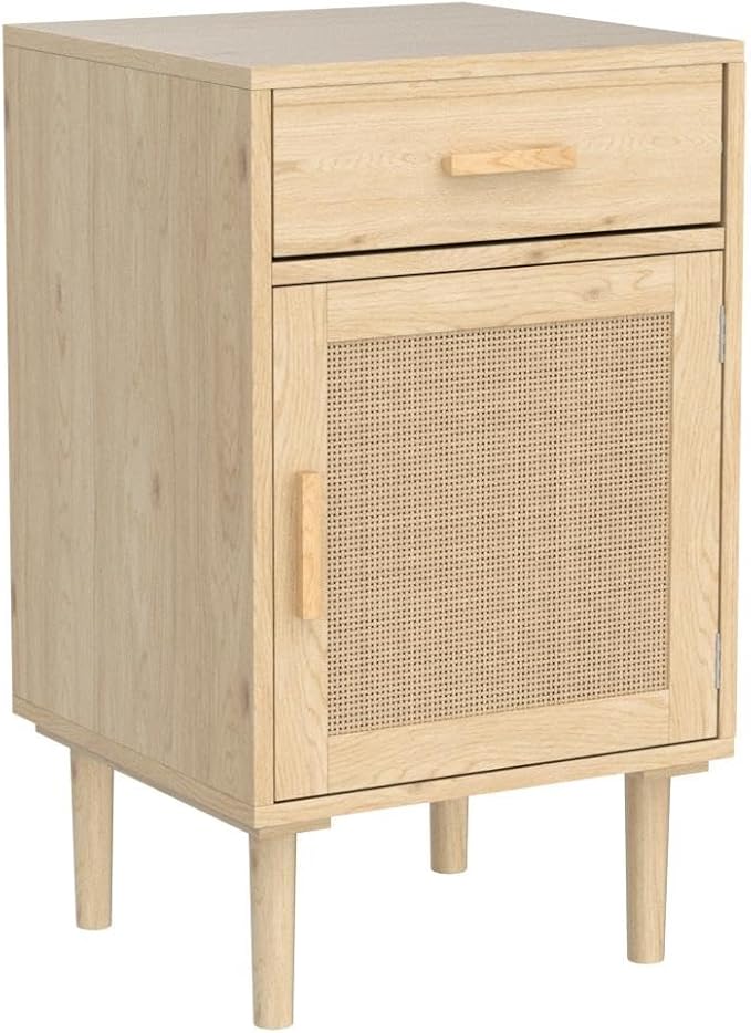 Finnhomy Tall Nightstands Set of 2, Night Stand, Bedside Table Set of 2 with Drawer and Shelf, Hand Made Rattan Decorated Doors, Nightstands with Storage for Bedroom, Natural, 2 Pack - Image 4