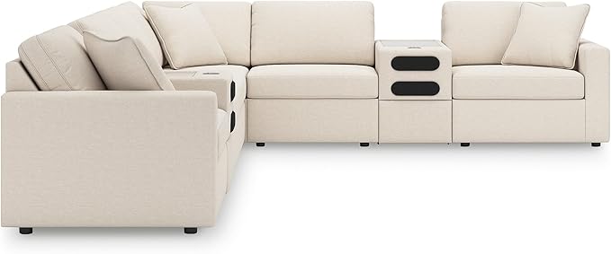 Signature Design by Ashley Modmax Contemporary Stain Resistant Right-Arm Facing 8-Piece Sectional with Audio Consoles, Armrest, Throw Pillows, Reversible Cushions and USB Port, Beige