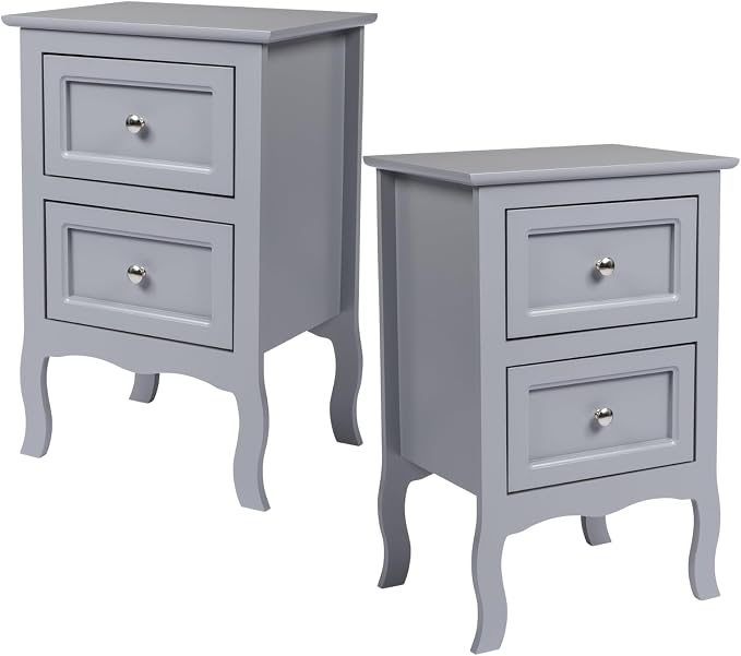 Karl home Grey Nightstand Set of 2 for Bedroom, Vintage Small Night Stand with Drawers, Farmhouse Side Table, Wooden End Tables with Curved Legs for Office, Mid-Century by Karlhome