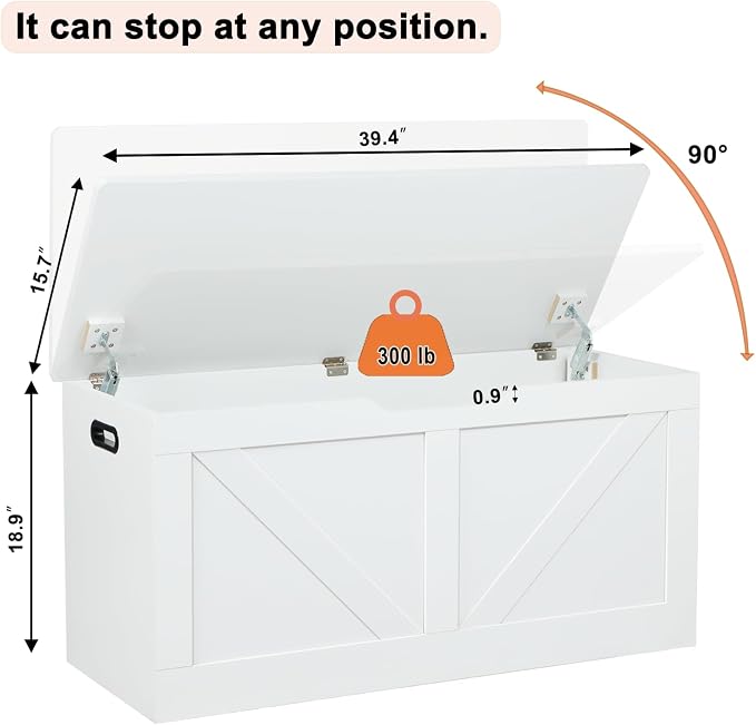 Timberer 39.4" Storage Chest, Wooden Storage Bench, Large Storage Trunk with 2 Safety Hinges, Entryway Shoes Bench for Living Room, Bedroom, White - Image 3