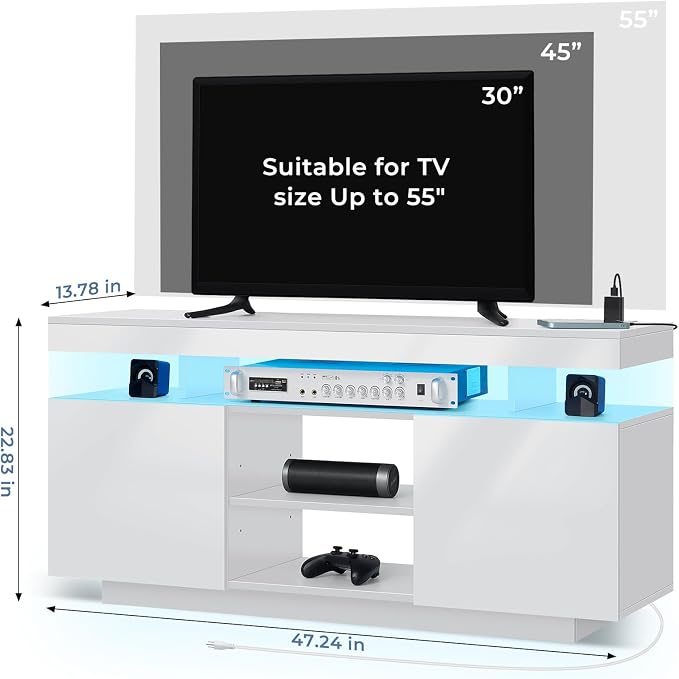 HOMMPA LED TV Stand for 55/50/43/40/32 inch TV Modern Entertainment Center with Power Outlets, Gaming Console Storage Media Table with LED Lights Game Cabinet for Living Room White - Image 2