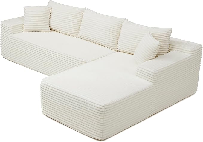 105-Inch L-Shaped Right Facing Corner Compressed Sofa Modular Sectional Boneless Cloud Sofa Floor Foam Couch with Chaise Lounge, Corduroy Corner Boneless Cloud Couch