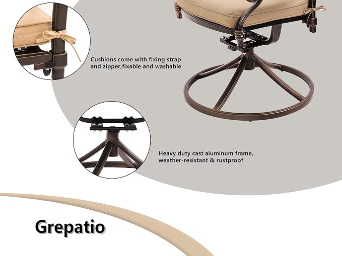 Grepatio 5 Piece Outdoor Dining Set Cast Aluminum Patio Table and Chairs Outside Furniture 4 Mesh Swivel Chairs with Khaki Cushion and 1 Umbrella Hole Round Dining Table for Lawn Garden (Grid Khaki) - Image 5