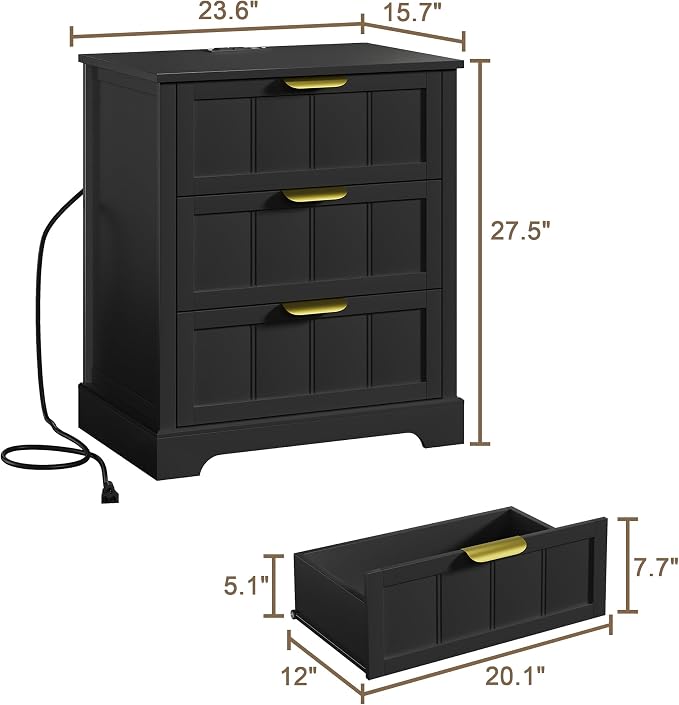 ChooChoo 27" Black Nightstand with Charging Station, 3 Drawer Night Stand with USB-C Port, Larger Bedside Table with Storage, Modern End Table for Bedroom - Image 2