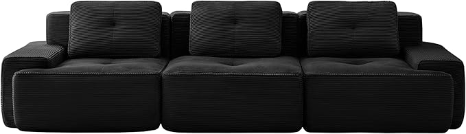 Casaphoria 115'' Black Corduroy Sofa, Boneless Sectional Couch with 3 Pillows for Modern Living Room, Deep Seat Sofa No Assembly Modular Cloud Couch