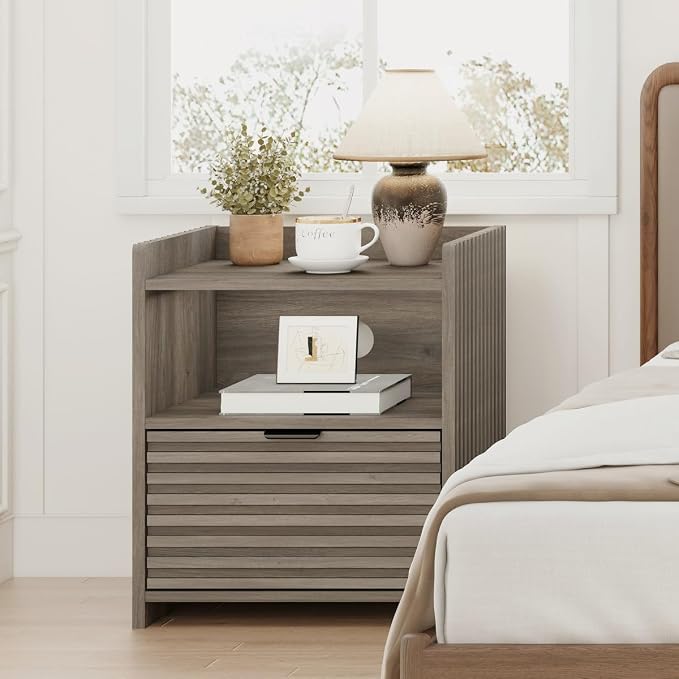 BON AUGURE Nightstand, Grey Fluted Night Stand, Wooden Bedside End Tables with Drawer Storage, Modern Bed Side Night Stands for Bedroom, Living Room (Greige Oak) - Image 7