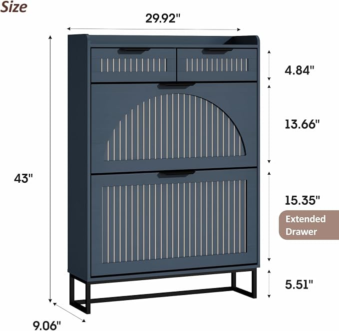 Fluted Shoe Cabinet Storage for Entryway – Narrow Shoe Rack with 2 Flip Drawers & 2 Storage Drawers, Freestanding Hidden Shoe Organizer for Foyer, Hallway (Blue) - Image 2