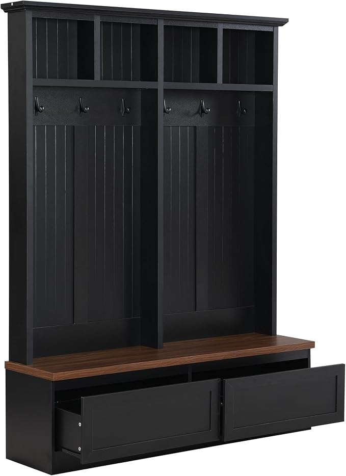 LUMISOL Farmhouse Hall Tree with Storage Bench, 4-in-1 Mudroom Coat Rack with 2 Large Drawer and Open Shelf for Entryway, Hallyway Shoe Cabinet with 6 Hanging Hooks, Black - Image 7