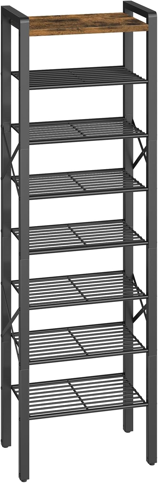 YATINEY 8-Tier Narrow Shoe Rack, Tall Shoe Rack for 8-16 Pairs, Slim Shoe Storage Organizer with Wooden Top, Space Saving, Metal Frame, for Entryway, Rustic Brown and Black SS608BR by Yatiney
