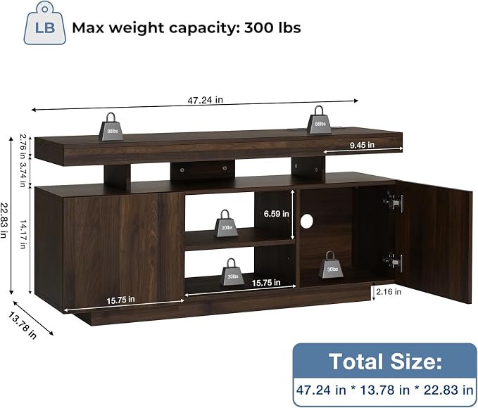HOMMPA LED TV Stand for 55/50/43/40/32 Inch Modern Entertainment Center with Power Outlets, Gaming Consoles Storage, Media Table with LED Lights, Game Cabinet for Living Room Walnut - Image 9