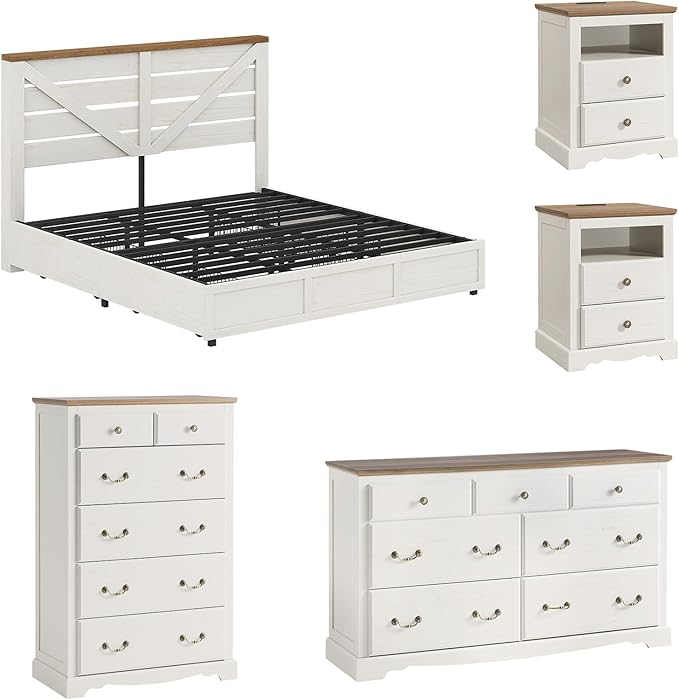AMERLIFE 5 Piece Bedroom Set, Including Farmhouse King Size Bed Frame with 4 Drawers, 7 Drawer Dresser & 6 Chest of Drawers, 2 Nightstands with Charging Station for Bedroom, White