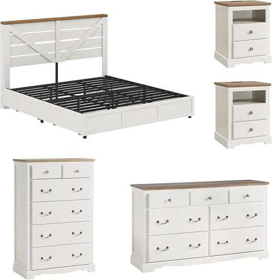 AMERLIFE 5 Piece Bedroom Set, Including Farmhouse King Size Bed Frame with 4 Drawers, 7 Drawer Dresser & 6 Chest of Drawers, 2 Nightstands with Charging Station for Bedroom, White