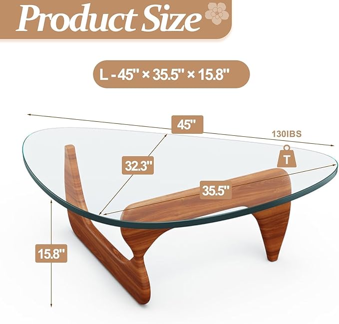 Modern Glass Coffee Table, 45in Large Mid Century Coffee Table, Unique Wooden Triangle Center Tables with Wood Legs, for Bedroom Living Room Reception Office(Walnut Transparent, 45in)