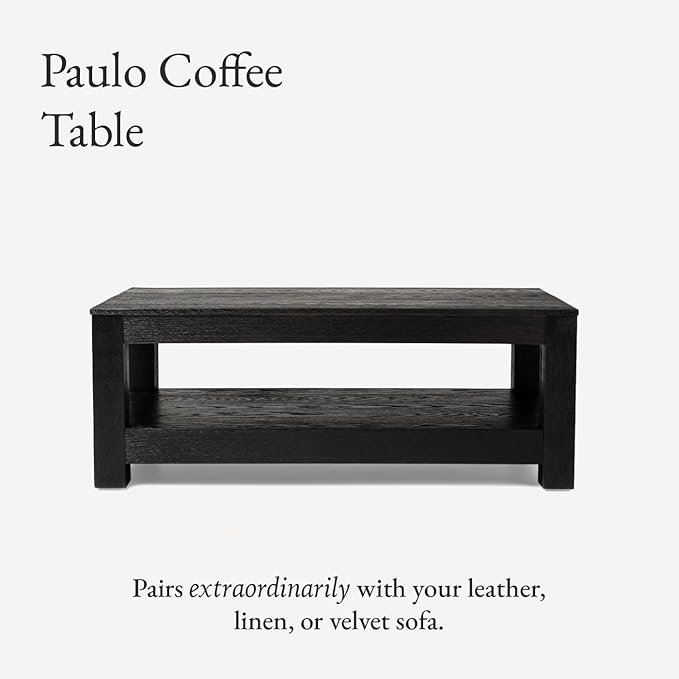 Maven Lane Paulo Coffee Table – 18 Inch Rectange Table with Storage – Black Solid Wood – Ideal for Living Room and Lounge