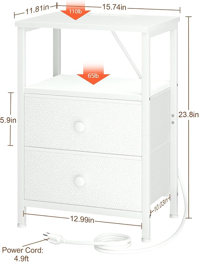 LOAKEKEL Night Stand with Charging Station, Small Bedside Table with 2 Fabric Drawers, Nightstand with USB Ports & Outlets for Bedroom, White, HETS020WT-1 - Image 6