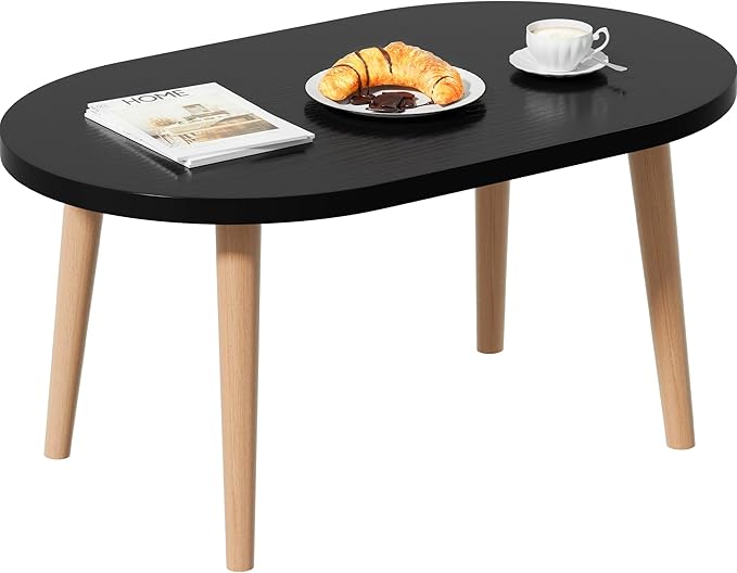 Coffee Table Low Table with 4 Solid Wood Leg, Floor Table Desk for Sitting on The Floor, Small Oval Coffee Table for Small Space, Side Table Japanese Coffee Table for Living Room Apartment Home, Black
