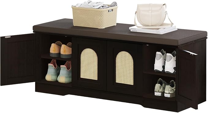 DINZI LVJ Shoe Bench, Boho Entryway Bench with Rattan-Like Doors, Cushion, Adjustable Shelves, 2-Tier Shoe Rack with seat, 47.2”L x 13.8”W Shoe Organizer Cabinet for Hallway, Bedroom, Espresso Rattan - Image 4