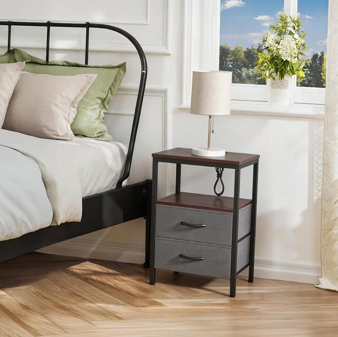 Huuger Nightstand with Charging Station, Fabric Drawers, End Table with Open Shelf, Bedside Table with USB Ports and Outlets, Night Stand for Bedroom, Walnut - Image 2