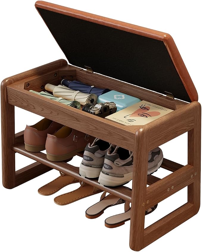 AQIMUELE Shoe Rack Bench,2 Tiers Shoe Bench with Storage with Flip-Top,Wood Shoe Rack for Entryway,Hallway（Orange Upholstered Seat,11.8" D x 23.62" W x 15.7" H） by AQIMUELE