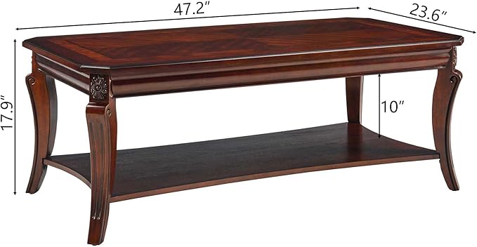 PADMA HOUSE Traditional Wood Coffee Table with Storage Shelf, Rectangle Solid Wood Tea Table with Curved Legs, 2-Tier Wooden Center Tables in Cherry for Living Room,47.2 * 23.6 * 17.9in