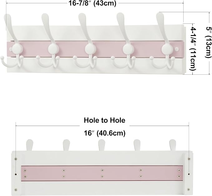 SKOLOO Coastal Wall Mounted Coat Rack - 16-7/8" Beach House Entryway Wooden Coat Hook with 5 Hooks for Hanging Coats, Hats or Towels, Oceanfront Cottage Core Collection, White & Palm Beach Pink - Image 6