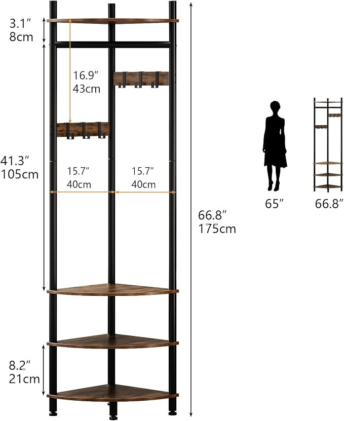 GiftGo Corner Hall Tree with Shoe Rack Entryway Coat Rack with 6 Metal Movable Hooks Floor Standing Clothes Rack Organizer for Home Office Bedroom (Rustic Brown) - Image 3