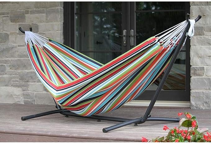 Vivere Double Sunbrella Hammock with Space-Saving Steel Stand, Heavy-Duty Portable Outdoor Hammock Set for Backyard, Patio, or Travel, Token Surfside - Image 2