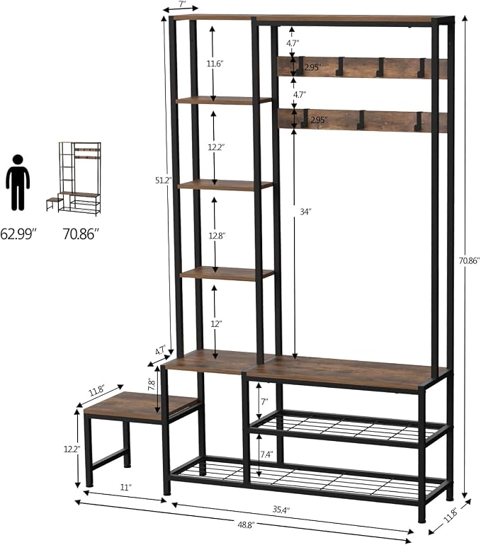 Espelism Hall Tree with Shoe Storage Bench Coat Rack with 7 Hooks Interchangeable 4 Tier Side Storage Shelves Small Cute Side Bench Industrial 5-in-1 Entryway Coat Rack for Hallway Mudroom Bedroom - Image 2