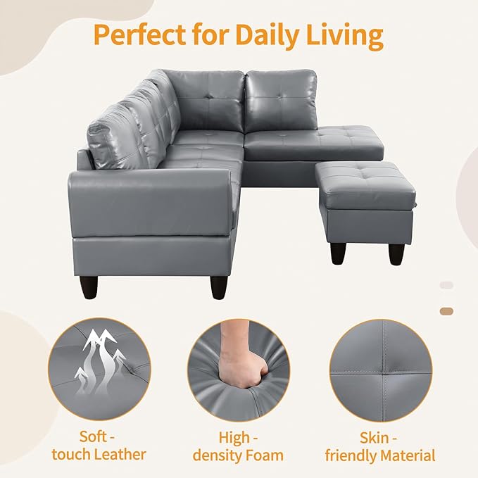 L Shape Sectional Couch, Modern Modular Sofa, 4-Seat L-Shaped Corner Sofá, Convertible Sofa&Couch, Living Room Furniture Sets with Chaise Lounge, Storage Ottoman & 2 Pillows, Faux PU Leather