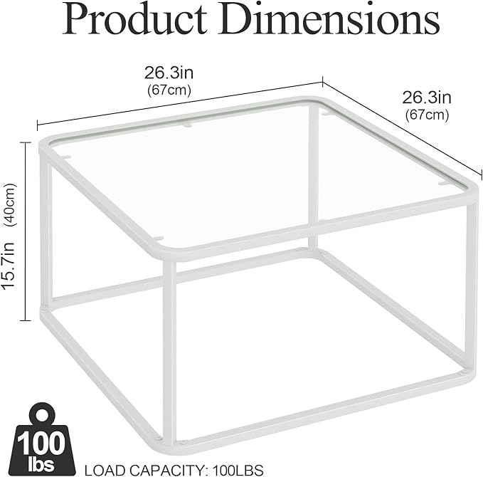 Coffee Table Glass, Minimalist Square Tables for Living Room, Modern Center Table for Office or Small Space, Sturdy Metal Frame, Easy Assembly, 26.4 x 26.4 x 15.7 Inches, White