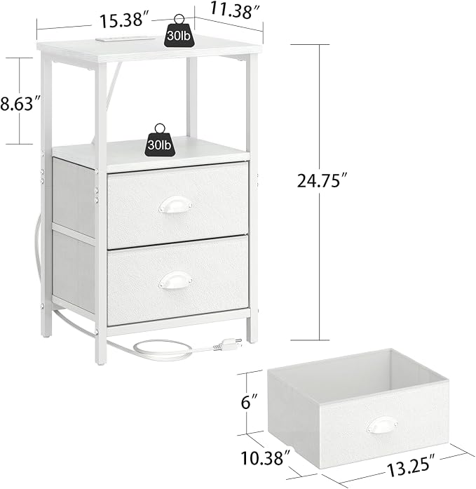 sthmec Nightstand with Charging Station, LED Night Stand Set 2, Bedside Table End Tables Set of 2, Bedroom Tables with 2 Fabric Drawers PU Finish, 3-Tier Storage Side Table for Bedroom,White - Image 3