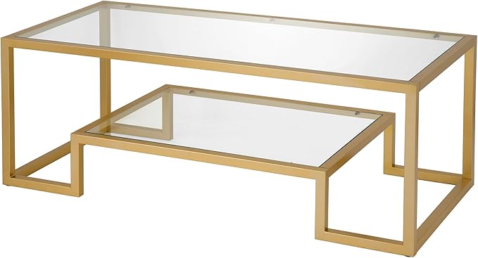 Henn&Hart 45" Rectangular Coffee Table with Glass Top and Raised Lower Shelf for Living Room, Family Room, or Office, Gold