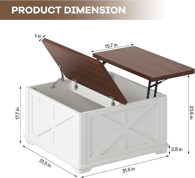 Farmhouse Coffee Table with Hydraulic Lifter, Square Coffee Table with Large Hidden Storage Compartment for Living Room, Wooden Coffee Tables with Brown Flip-Top Lids for Home Office, White