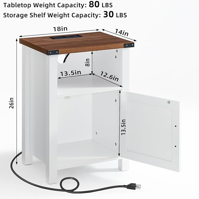 Joaxswe Nightstand with Charger Station and USB Port, 18 Inch Farmhouse Night Stand with Storage Shelf, Modern Couch Side Table with Magnetic Door, Bedside Tables for Bedroom, Home, Antique White - Image 2