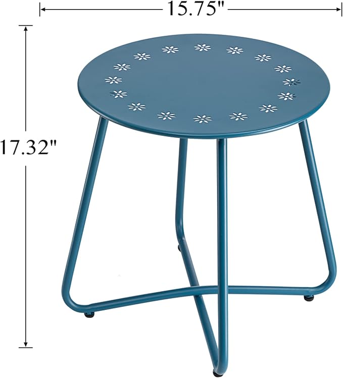 danpinera Outdoor Side Tables with Flower Cut Outs, Weather Resistant Steel Patio Side Table, Small Round Outdoor End Table Metal Side Table for Patio Yard Balcony Garden Navy Blue - Image 3