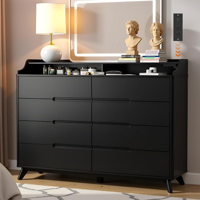 Dresser for Bedroom with 8 Drawers, 55" Large Dresser & Chest of Drawers with Charging Station, Wood Closet Clothes Storage Tall Dressers Organizer for Bedroom Living Room Hallway (Black) by SOLACEFURNITURE