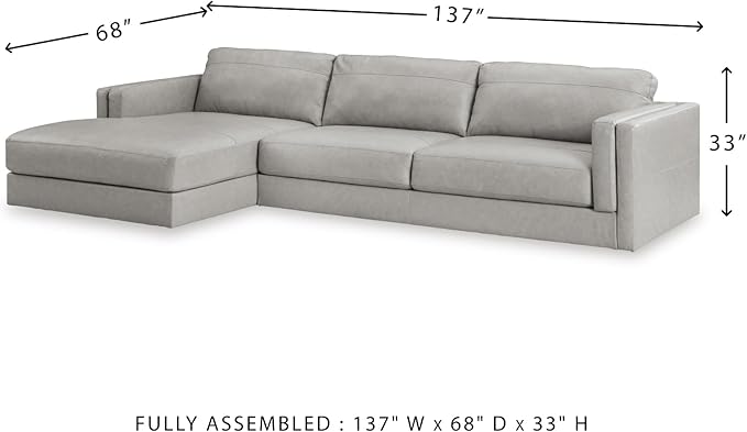 Signature Design by Ashley Amiata Modern L-Shaped Left-Arm Facing Leather Match 2-Piece Sectional with Chaise, Light Gray