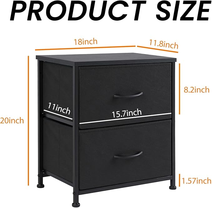 Simple Deluxe Nightstand 2 Drawers Dresser for Bedroom, 3-Tier Bedside Table with Fabric Bins, End Table for Living Room, Wood top Load-Bearing up to 44 lb, Black