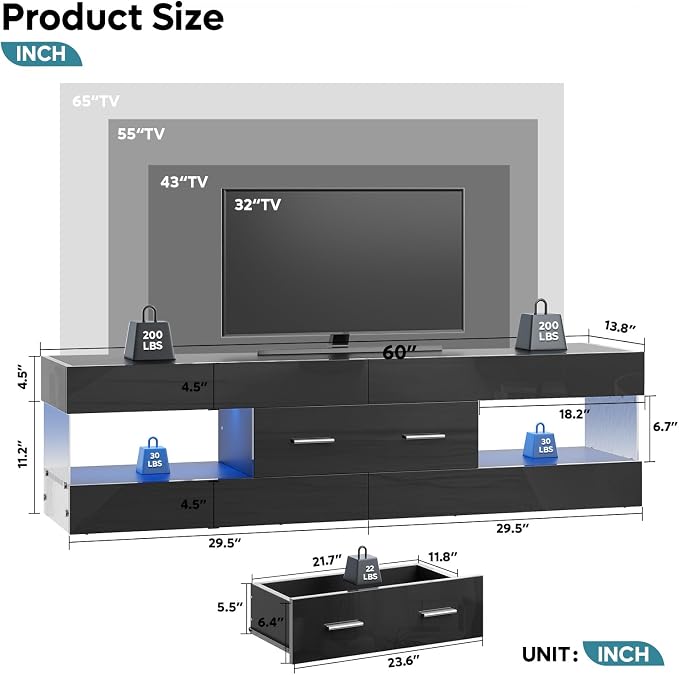 Bestier Black TV Stand for 55/60/65 Inch TV, High Gloss Modern TV Stand with Stone-Patterned Side Panels, LED Entertainment Center with Large Drawer, TV Consoles for Living Room, Bedroom - Image 2