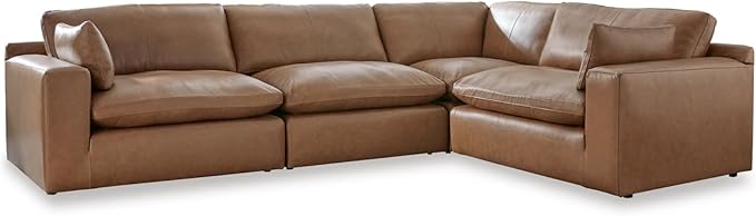 Signature Design by Ashley Emilia Modern L-Shaped Leather Match Modular Anti Sag 4-Piece Sectional with Loose Back Cushions and 2 Bolster Pillows, Orange