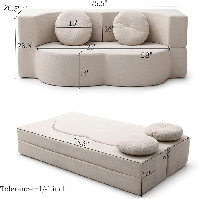 KEIKI 2-in-1 Folding Sofa Bed with Pillow, Queen Sleeper Sofa, Floor & Futon Loveseat Couch, Foam Folding Mattress for Living Room, Guest Use, Office, Apartment, No Assembly Required, Beige