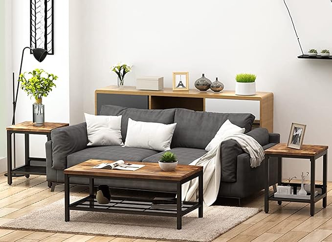 Lamerge 3 Pieces Living Room Table Set, Industrial Coffee Table with 2 Square End Side Tables, Coffee Table Set with Metal Frame for Apartment Home Office, Rustic Brown