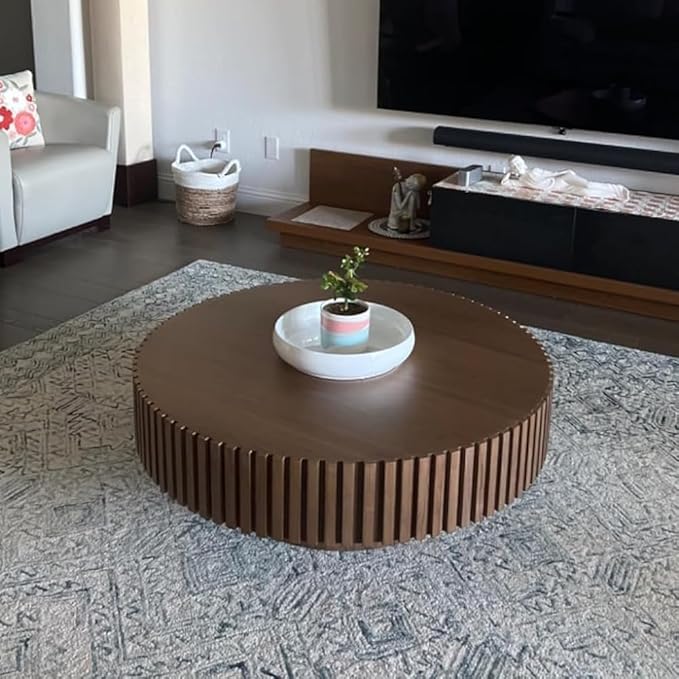 WILLIAMSPACE 35.43" Walnut Round Coffee Table, Modern Luxury Wood Circle Drum Center Table for Living Room, Accent Side Table End Table for Apartment, ø35.43" x 13.77"H (Walnut)