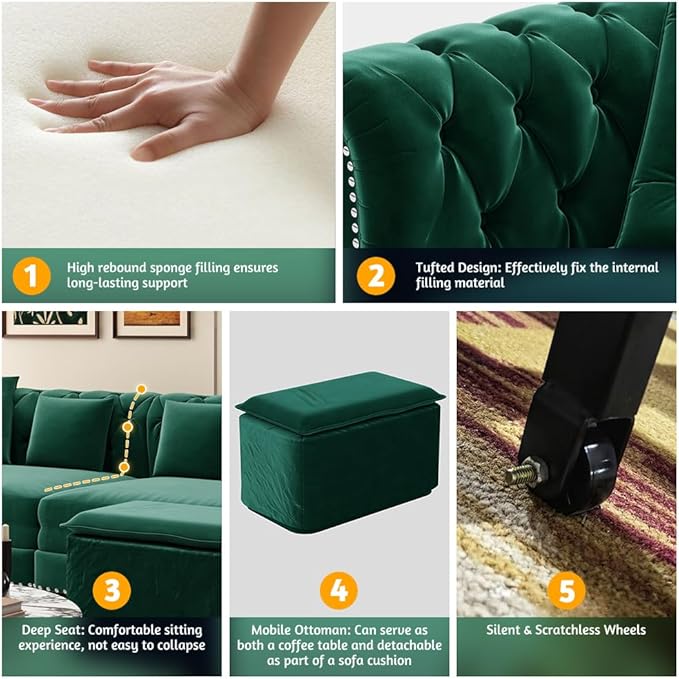 Eafurn 3 in 1 Oversized Chesterfield Loveseat Sofa Convertible Pull Out Sleeper Sofabed King Size Couch Bed w/Movable Ottoman and Nailhead Trim for Living Room Tufted Velvet Recliner Daybed Sofacama